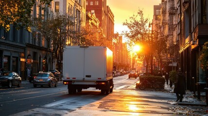 Fototapeta premium A sunset scene on a bustling city street with a delivery truck driving, casting warm light on the urban landscape.