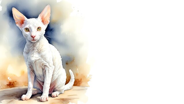 White Cornish Rex cat, captured in a serene watercolor portrait. Drawing. Art. Illustration. Copy Space. 1