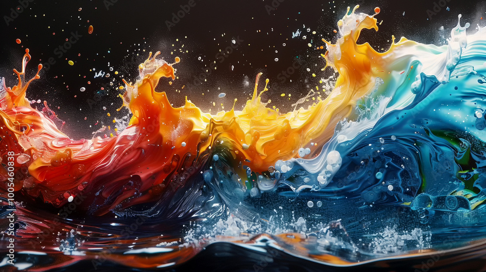 Poster vivid splashes of color collide in a dynamic wave at dusk, creating a stunning display