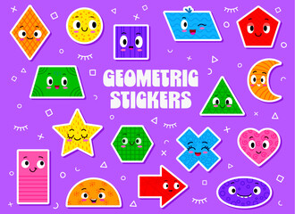 Math figure shape stickers and cartoon funny geometric characters, vector icons. Funny geometric shapes with emoji faces for kid stickers of square, circle and triangle figures with happy smile