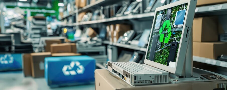 An environmentally conscious electronics store promoting the sale of refurbished gadgets, with displays powered by renewable energy