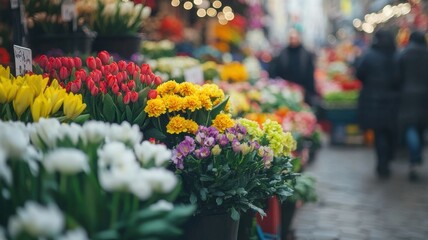 Colorful flower market with a variety of blooms and blurred background shoppers.