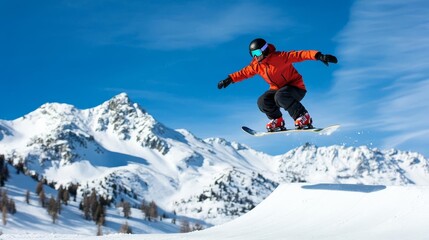 Snowboarder catching air off a jump, mountains in the background, showcasing extreme action