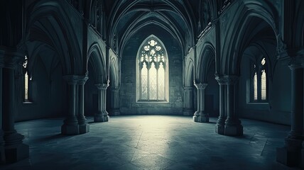 A tranquil gothic interior featuring arches and a large stained glass window, creating a serene atmosphere in dim light.