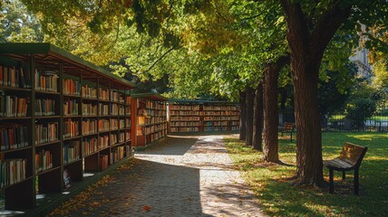 A tranquil outdoor library along a tree-lined path, featuring book shelves surrounded by sunlight and nature's beauty.
