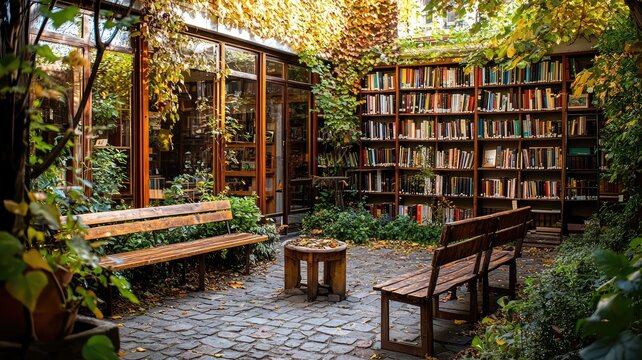 A tranquil outdoor library space with bookshelves surrounded by greenery and comfortable seating for quiet reading.