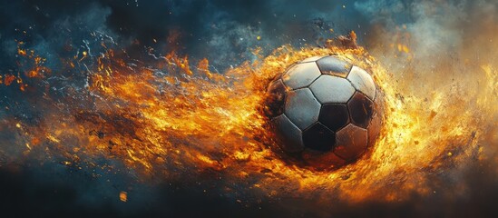 Fototapeta premium A soccer ball engulfed in flames against a dark background.
