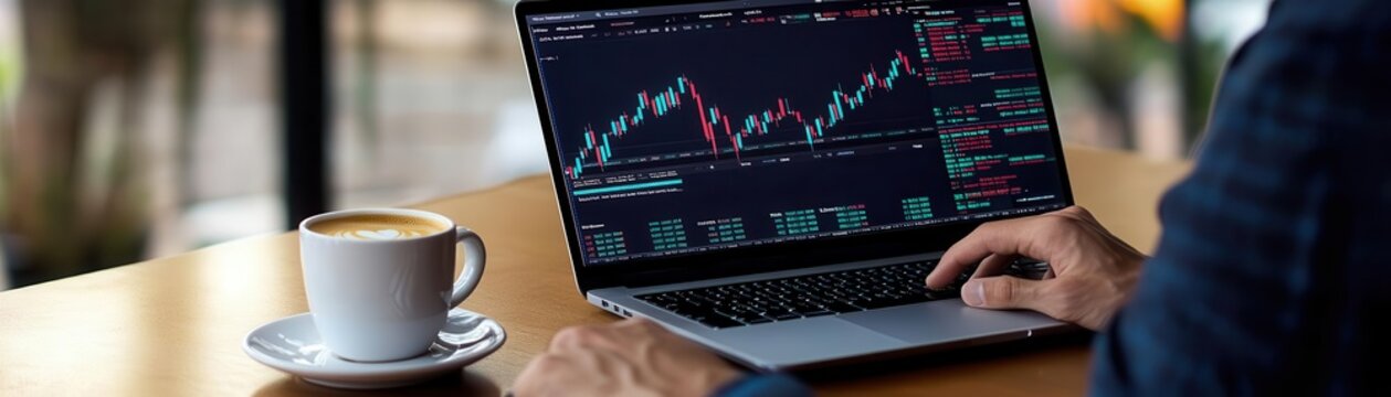 Business investor with a coffee cup and open laptop, reviewing the stock market in a comfortable space, laptop coffee investor