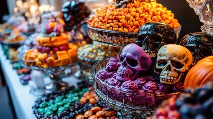 Colorful Halloween candy display with skull decorations and assorted treats.