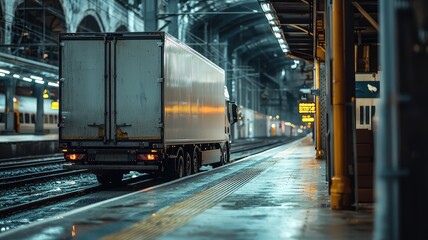 Obraz premium A truck parked at a modern train station, showcasing the blend of transportation and urban architecture in vibrant evening light.