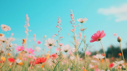 Obraz premium A vibrant field of colorful flowers swaying gently under a clear blue sky, creating a serene and cheerful ambiance.