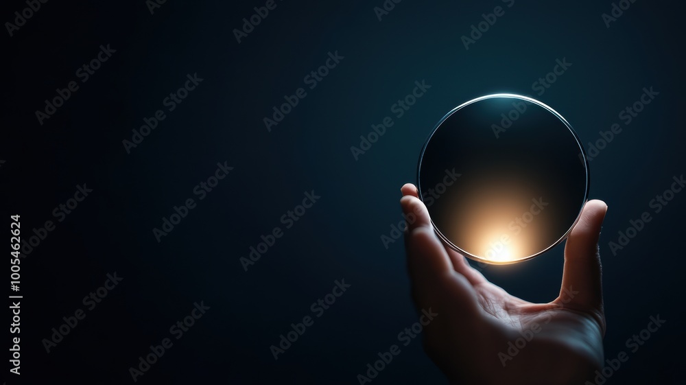 Poster hand holding circular mirror with soft light reflection