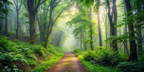 Obraz premium Sunlight Dappled Through Mist In A Lush Woodland Path