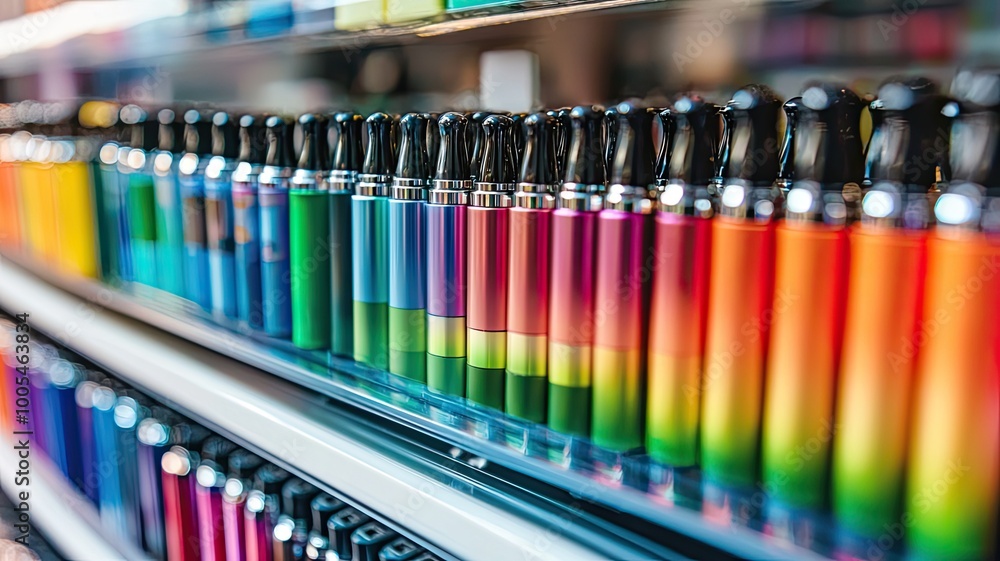 Poster a vibrant display of colorful bottles arranged neatly on a shelf, showcasing a spectrum of hues and 