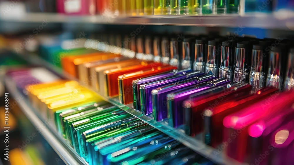 Poster a vibrant display of colorful containers arranged in a gradient, showcasing various hues from red to