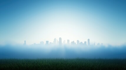 Fototapeta premium Misty Skyline Over Green Grass Field at Dawn
