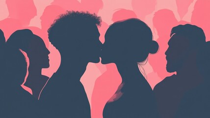 Pink silhouette of couple standing in monochrome crowd of different people,surreal unique and different concept,loneliness in society,shadow,freedom,Love,be yourself,Stand out from the crowd.