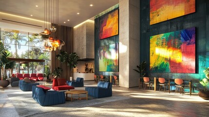 A vibrant hotel lobby featuring colorful artwork, modern furniture, and lush plants, creating a welcoming and stylish atmosphere.