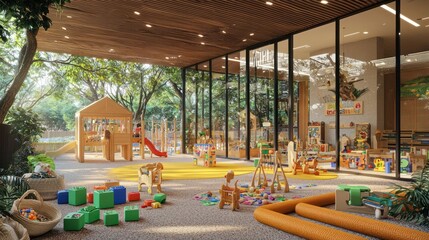 An environmentally conscious daycare center with toys made from natural materials and an outdoor play area with recycled rubber surfacing