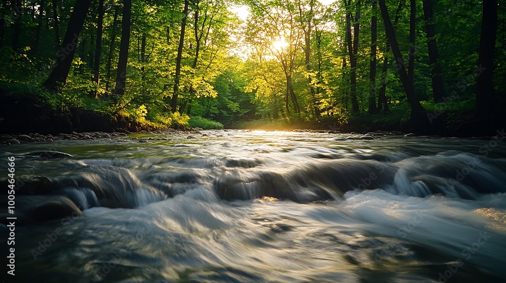 Poster a tranquil stream flows through a lush forest with sunlight filtering through the trees.