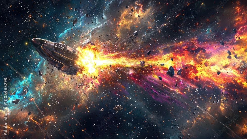Poster a vibrant space scene featuring a spacecraft navigating through a colorful explosion of cosmic eleme