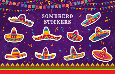 Stickers of Mexican sombrero hats for holiday fiesta in Mexico, vector cartoon icons. Sombrero stickers with national ethnic Mexican ornament decoration and papel picado flags in confetti for party