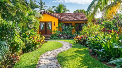 Obraz premium A vibrant yellow house surrounded by lush greenery and tropical plants, featuring a charming stone pathway leading to the entrance.