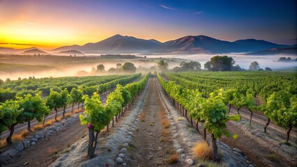 Fototapeta premium Morning Mist Enhances the Beauty of Vineyard Rows