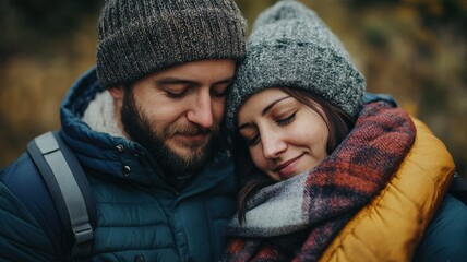 Couple embracing warmly, sharing a moment outdoors in winter attire.