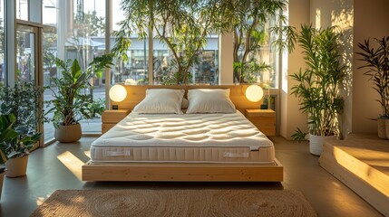 An environmentally friendly bed store with mattresses made from organic materials, showcased in a room with natural lighting and air-purifying plants