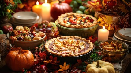 A warm autumn feast featuring pies, fruits, and pumpkins, illuminated by candlelight, perfect for seasonal celebrations.