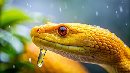 Obraz premium Golden Snake with a Drop of Water on its Jaw