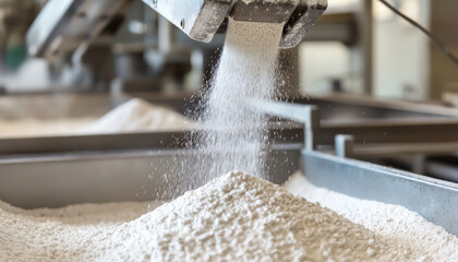 A close-up of flour being dispensed into a container, showcasing the process of food production in an industrial setting.