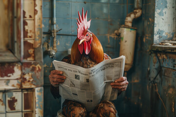 Foto auf Leinwand Anthropomorphic chicken sitting on toilet , reading newpaper