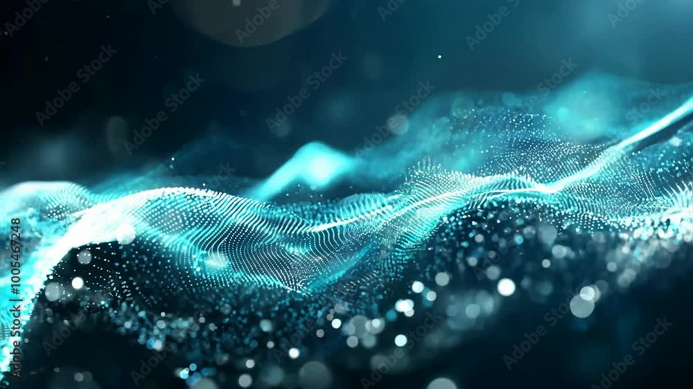 Wall mural abstract 3d particle wave with neon blue light and bokeh effects