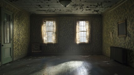 Fototapeta premium Abandoned room with peeling wallpaper, dusty floor, and sunlight streaming through the curtains, evoking a sense of mystery.