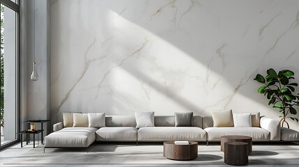 Stylish living room interior with decorative mockup, sofa and white empty wall texture background