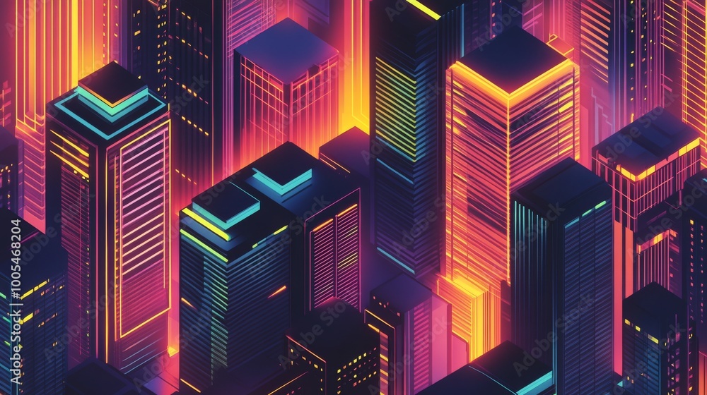 Poster repetitive layout of synthwave-inspired skyscrapers with a retro-futuristic design, creating a patte