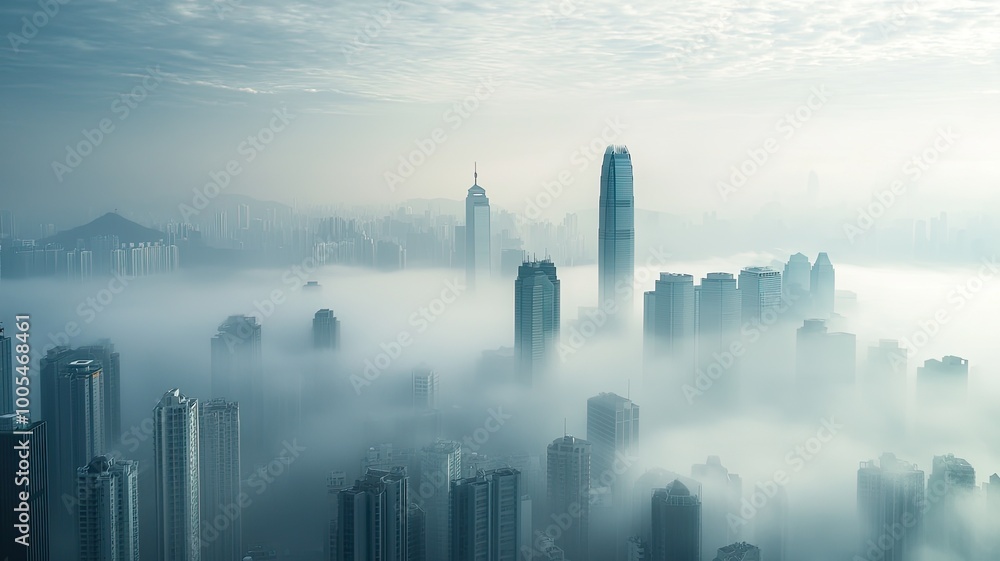Poster aerial view of skyscrapers shrouded in mist, creating a mysterious urban landscape with soft light a