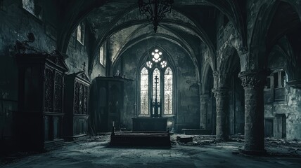 Obraz premium An abandoned, atmospheric church interior showcasing Gothic architecture and haunting beauty in muted tones.