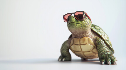  A turtle wearing sunglasses on a white background. The detailed texture of the shell and skin creates a stylish look