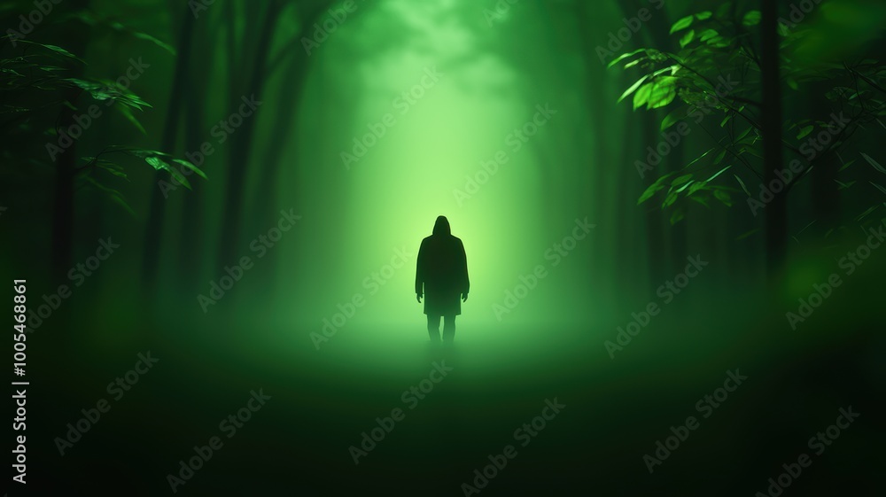 Poster mysterious figure in a misty forest environment