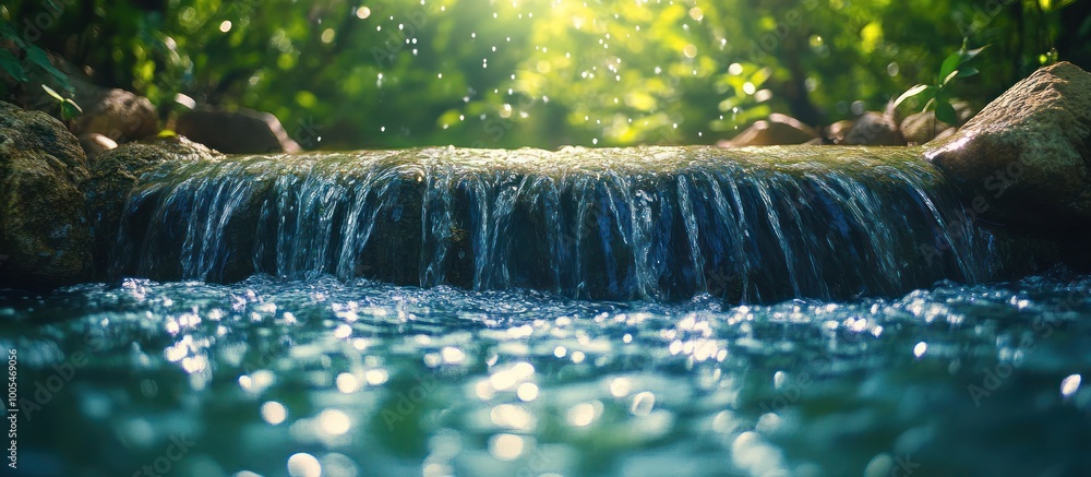 Poster close-up of a small waterfall in a forest. the water is flowing over rocks and creating a relaxing s