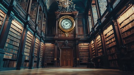 An elegant library interior featuring towering bookshelves, a vintage clock, and warm lighting creating a cozy reading ambiance.