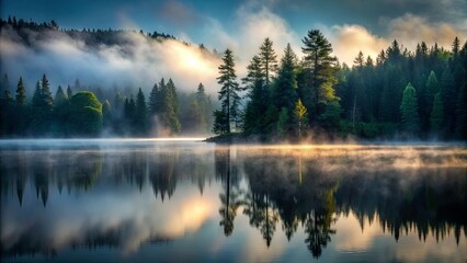 Misty Morning Reflections on a Tranquil Lake, Where Golden Sunlight Pierces Through the Fog, Illuminating the Waters and the Trees Lining the Shore