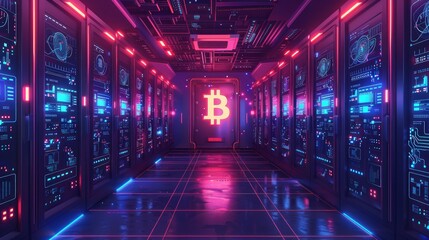Digital money bitcoin, mining server farm room, video card, data processing vector illustration.