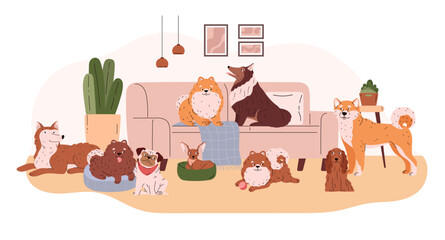 Fototapeta na wymiar Cartoon different breeds dogs in the living room, friendly canine purebred animals on the coach, cute Spitz, collie pets