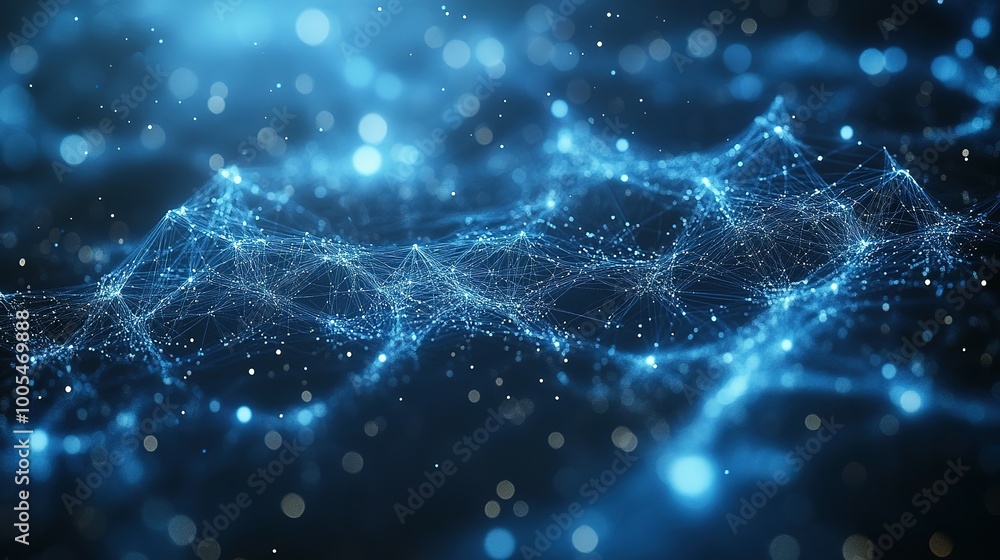 Poster abstract blue network with glowing particles and bokeh lights