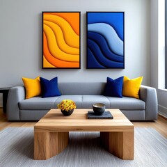 A photostock images of a cozy living space with a gray sofa, wooden coffee table, and a large framed abstract art piece