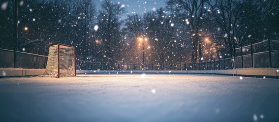 A hockey net stands alone on a snowy rink under the falling snow and streetlights.